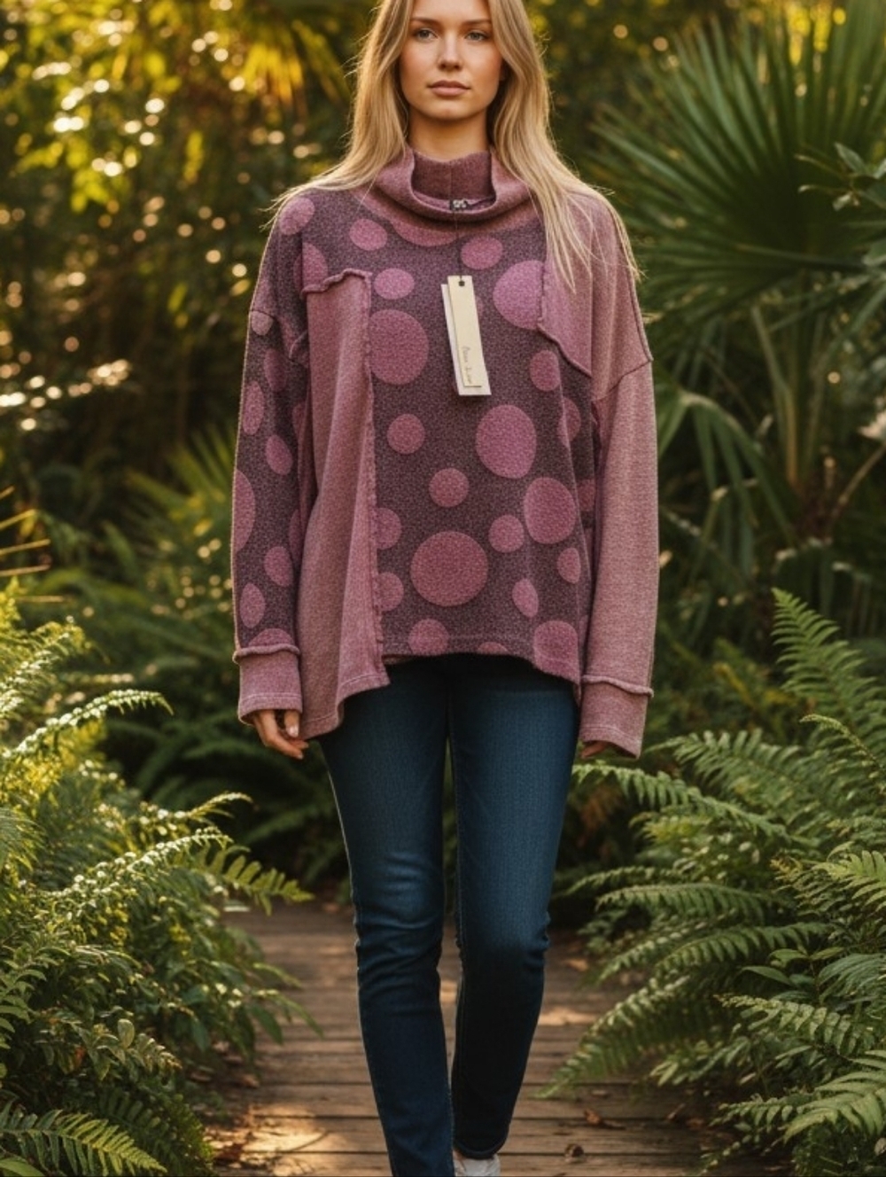 Beau Jours Burgundy Cotton Dot Patchwork Pullover Sweater NEW